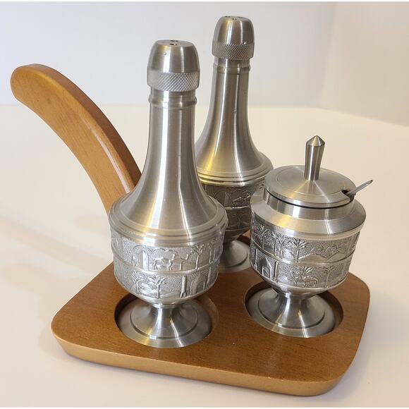 Condiment Set Royal Pewter Thailand Salt Pepper Shakers Jam Pot Teak Holder - Picture 1 of 8